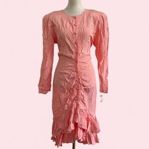 Vintage Michelle Stuart Coral Ruffle Midi Dress Button Front Long Sleeve Size M